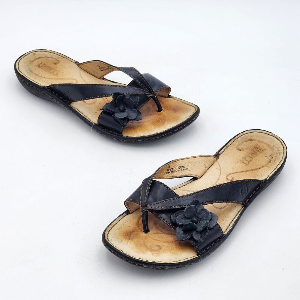 Born Flower Thong Strappy Leather Flat Slip On Comfort Sandals Black Tan Size 8
